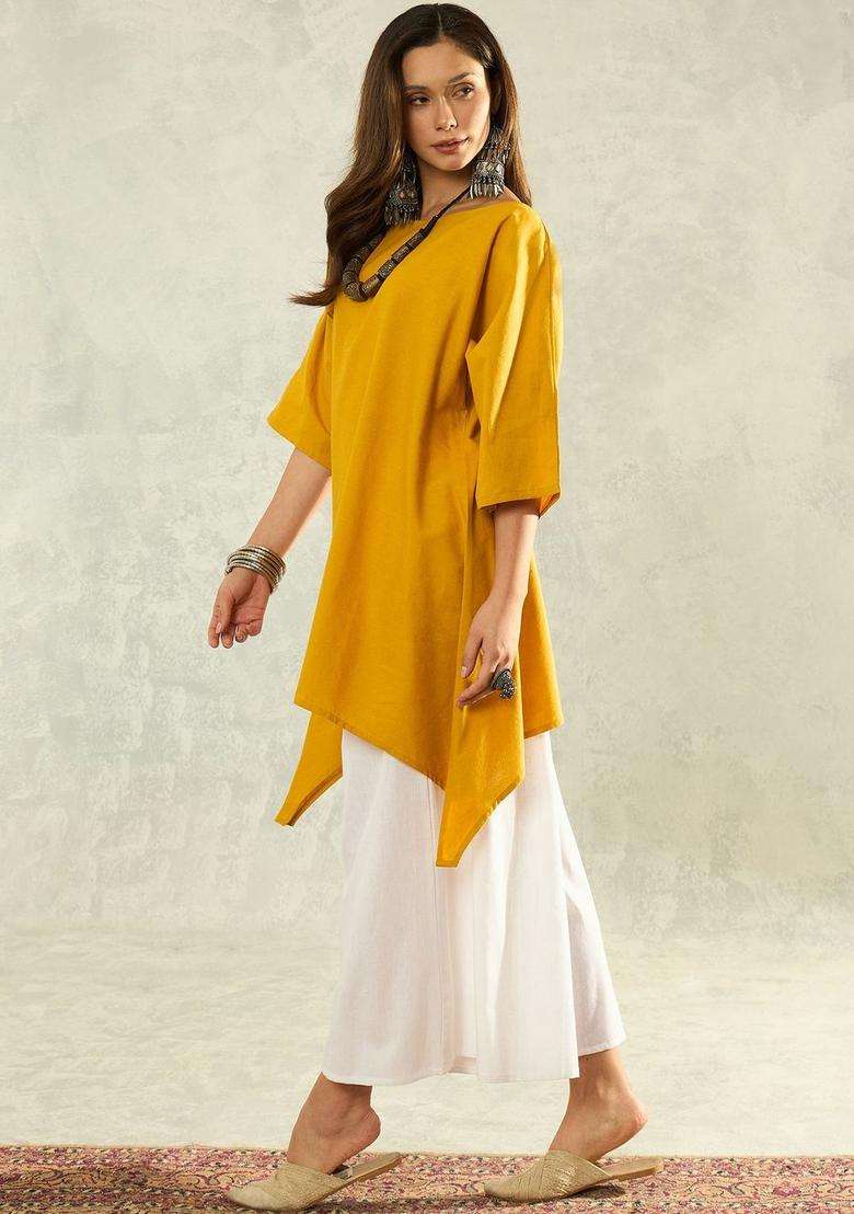 Yellow Solid Cotton Kurta Set - Indya