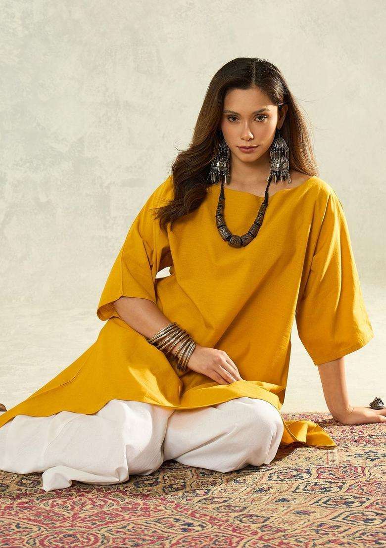Yellow Solid Cotton Kurta Set - Indya