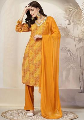 Mustard Printed Chanderi Kurta Set