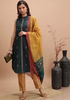 Green Printed Polyester Kurta Set