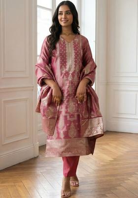 Pink Woven Design Silk Blend Kurta Set