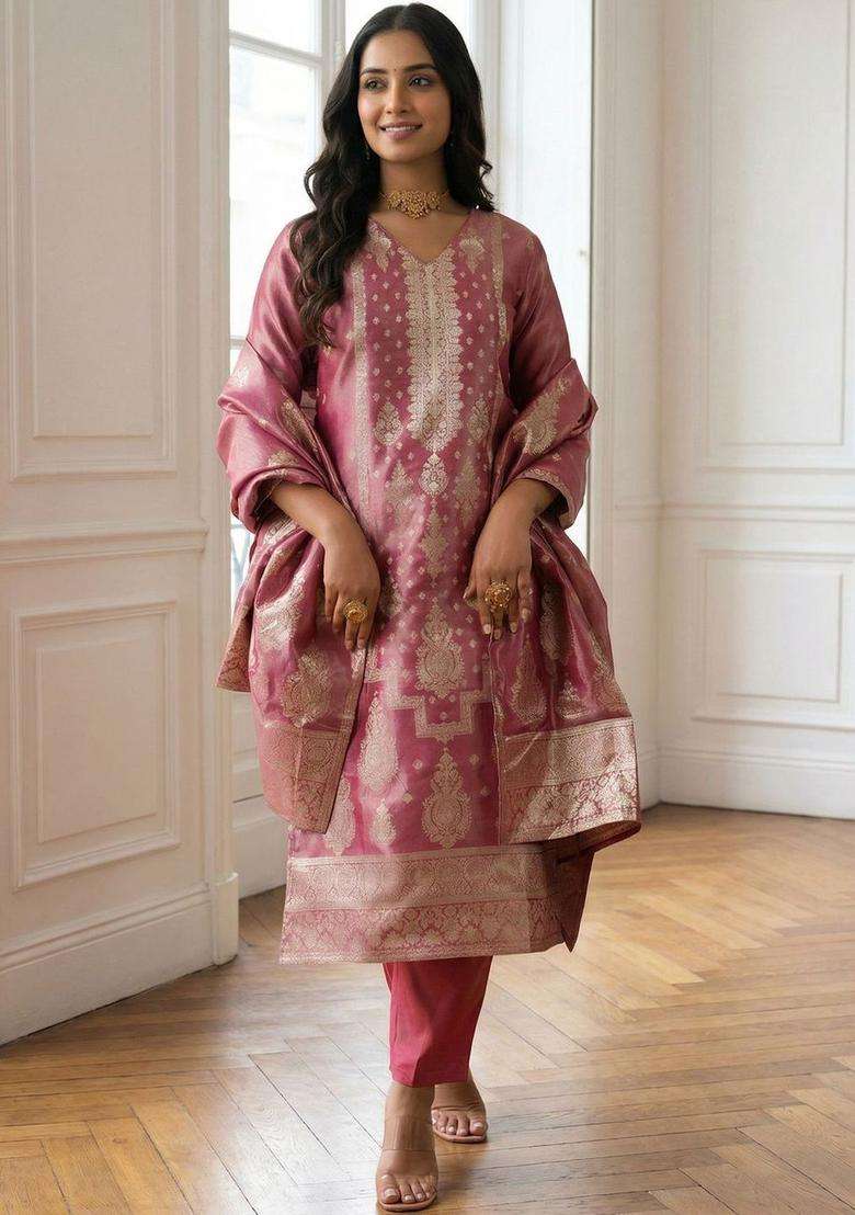 Pink Woven Design Silk Blend Kurta Set - Indya