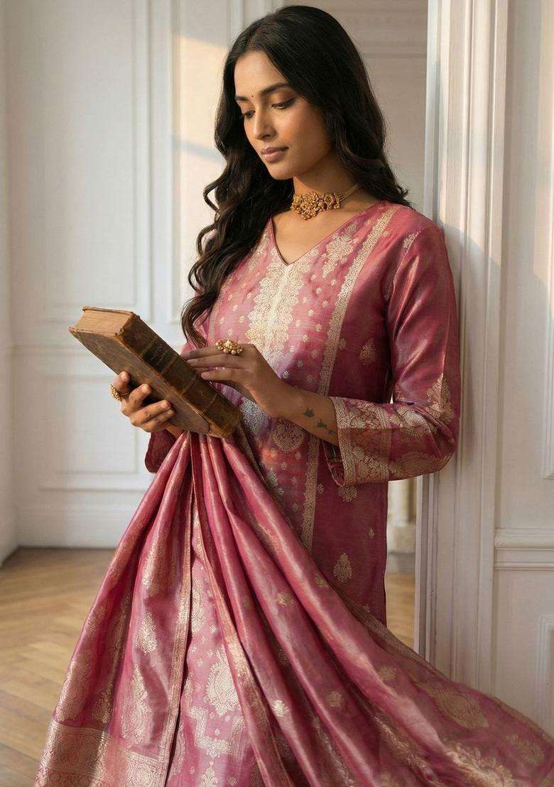 Pink Woven Design Silk Blend Kurta Set - Indya