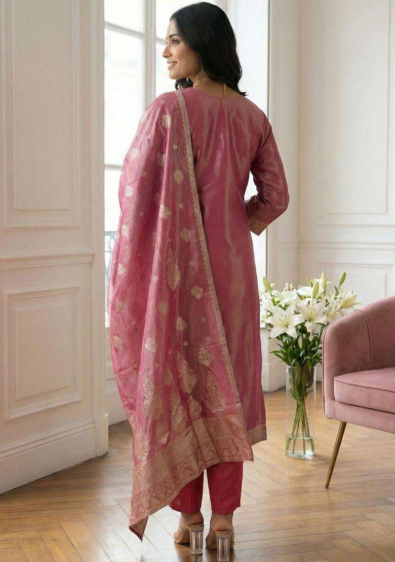 Pink Woven Design Silk Blend Kurta Set - Indya