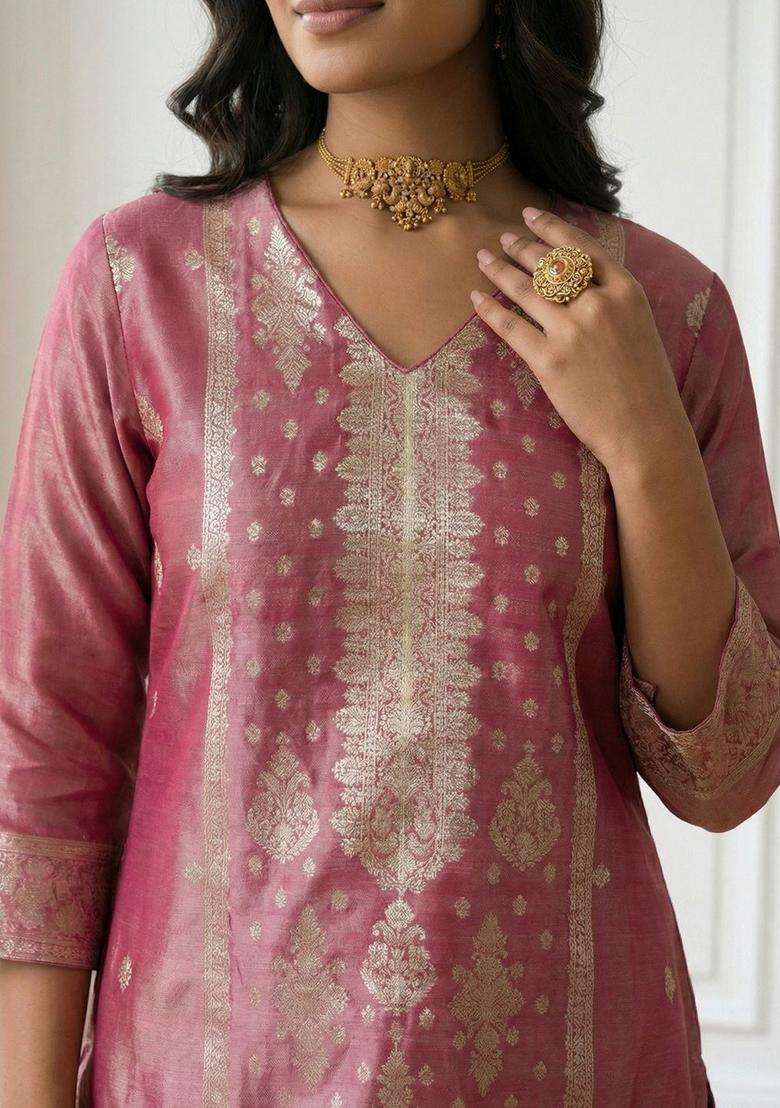 Pink Woven Design Silk Blend Kurta Set - Indya