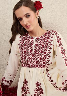 Off White Embroidered Viscose Kurta Set