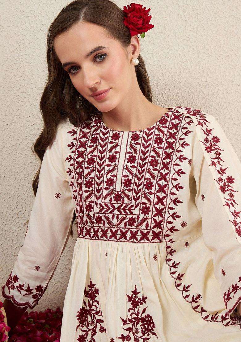 Off White Embroidered Viscose Kurta Set - Indya