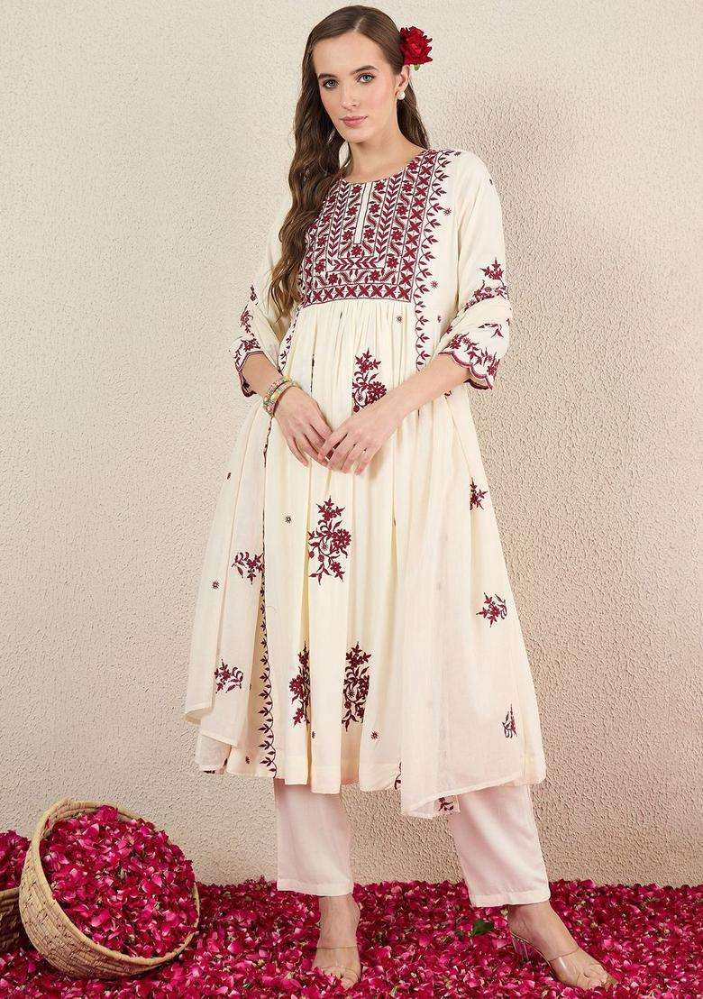 Off White Embroidered Viscose Kurta Set - Indya