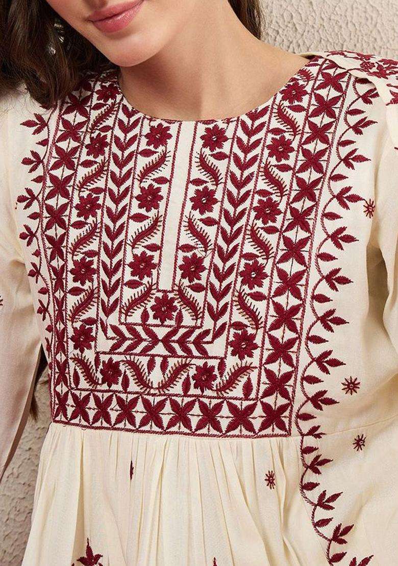 Off White Embroidered Viscose Kurta Set - Indya