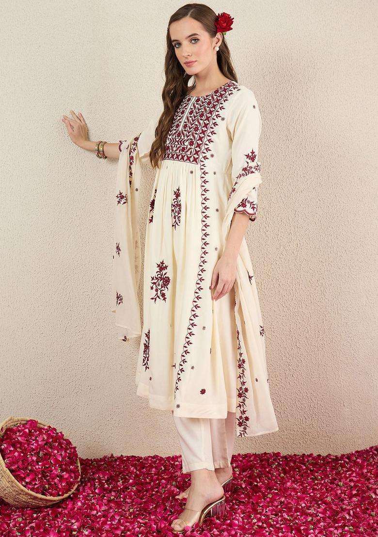 Off White Embroidered Viscose Kurta Set - Indya