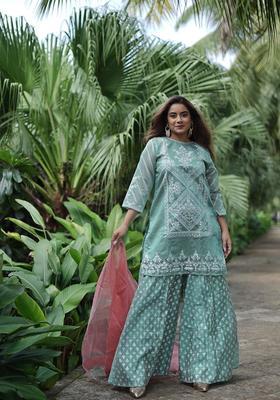 Green Self Design Cotton Kurta Set