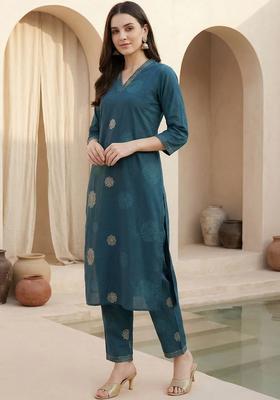 Teal Printed Cotton Kurta Set