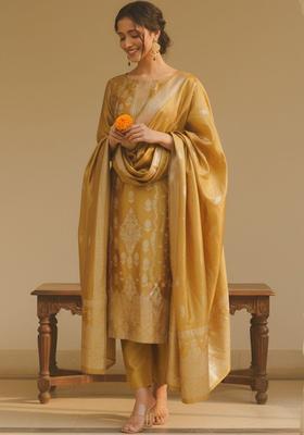 Mustard Woven Design Silk Blend Kurta Set