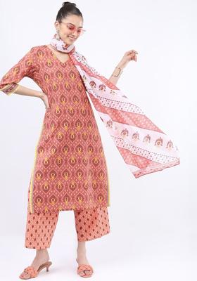 Rust Printed Cotton Kurta Set