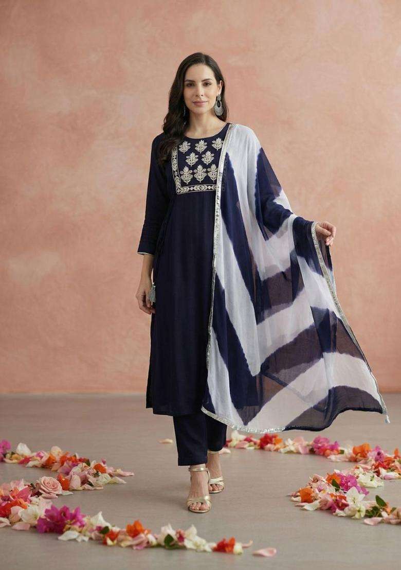 Navy Blue Solid Cotton Kurta Set - Indya