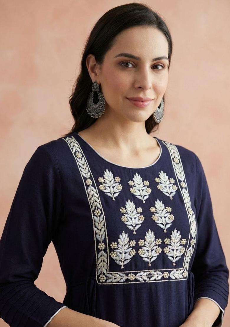 Navy Blue Solid Cotton Kurta Set - Indya