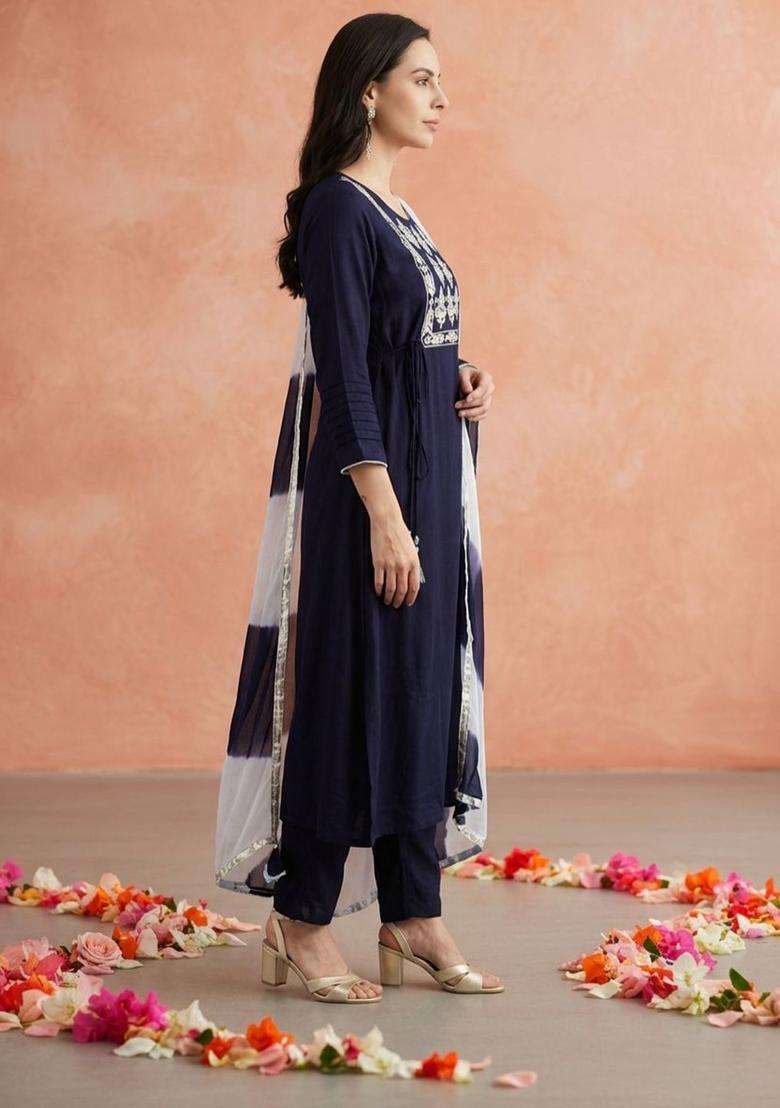 Navy Blue Solid Cotton Kurta Set - Indya