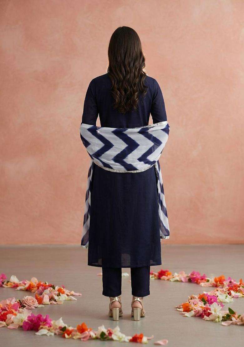 Navy Blue Solid Cotton Kurta Set - Indya