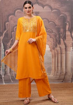 Yellow Embroidered Polyester Kurta Set