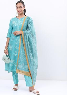 Turquoise Blue Printed Polyester Kurta Set