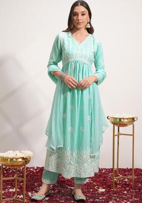 Blue Embroidered Viscose Anarkali Set