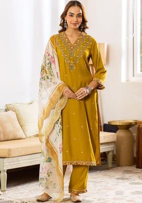 Mustard Embroidered Viscose Kurta Set