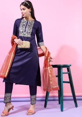 Purple Self Design Polyester Kurta Set