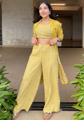 Yellow Striped Viscose Kurta Set