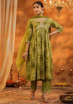 Green Printed Cotton Anarkali Set