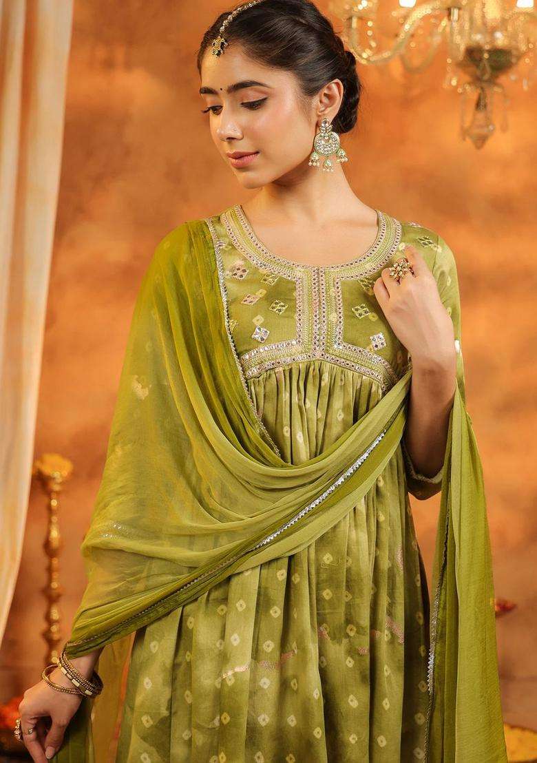 Green Printed Cotton Anarkali Set - Indya