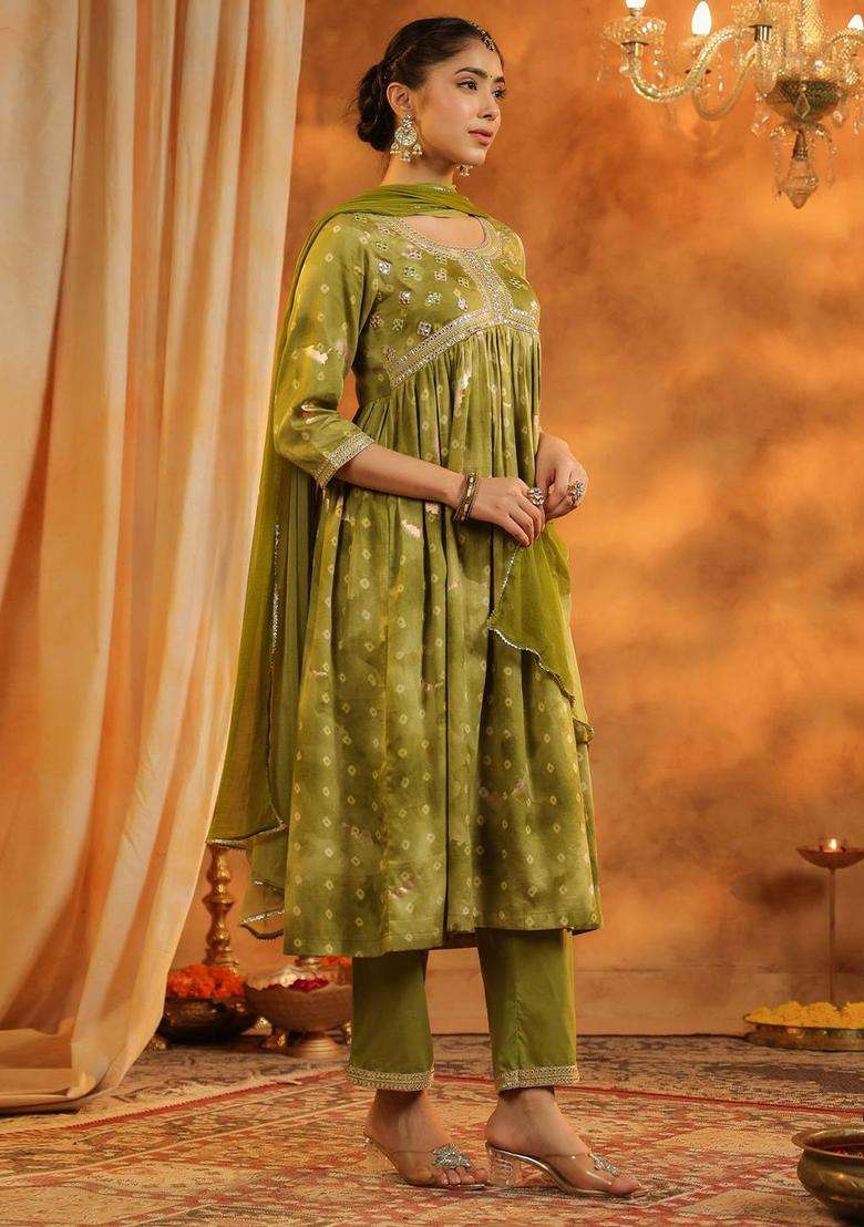 Green Printed Cotton Anarkali Set - Indya