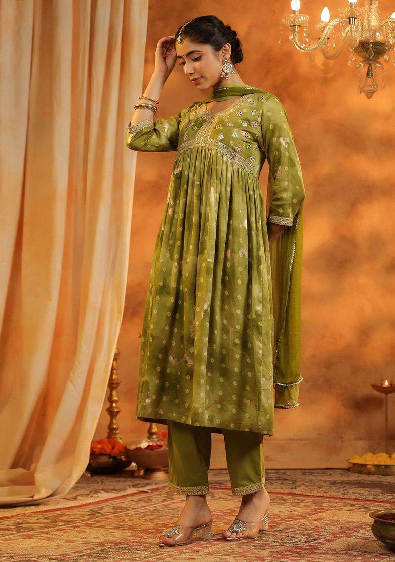 Green Printed Cotton Anarkali Set - Indya