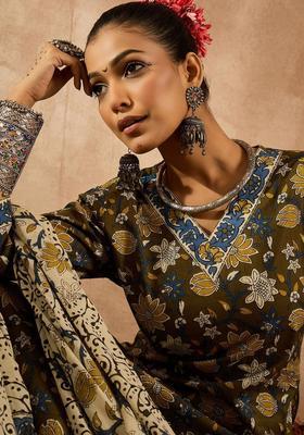 Olive Printed Cotton Kurta Set