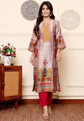 Off White Printed Silk Blend Kurta Set