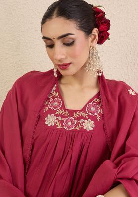 Red Solid Cotton Kurta Set