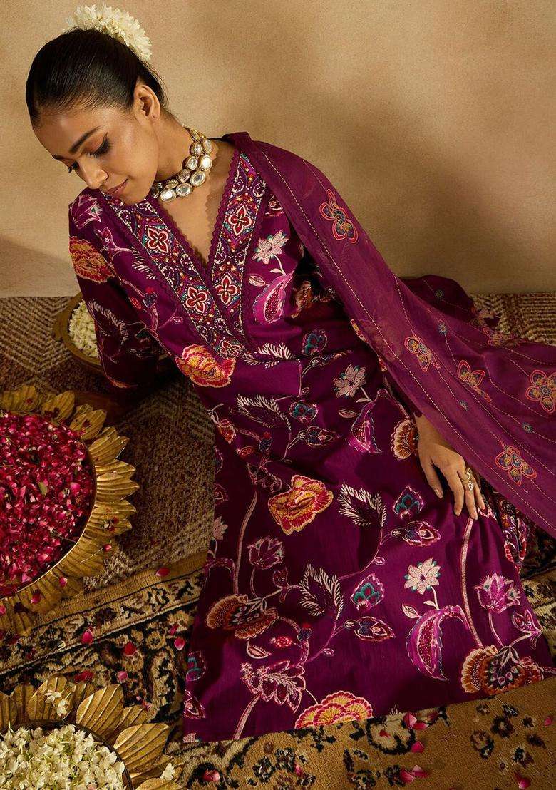 Burgundy Printed Cotton Kurta Set - Indya