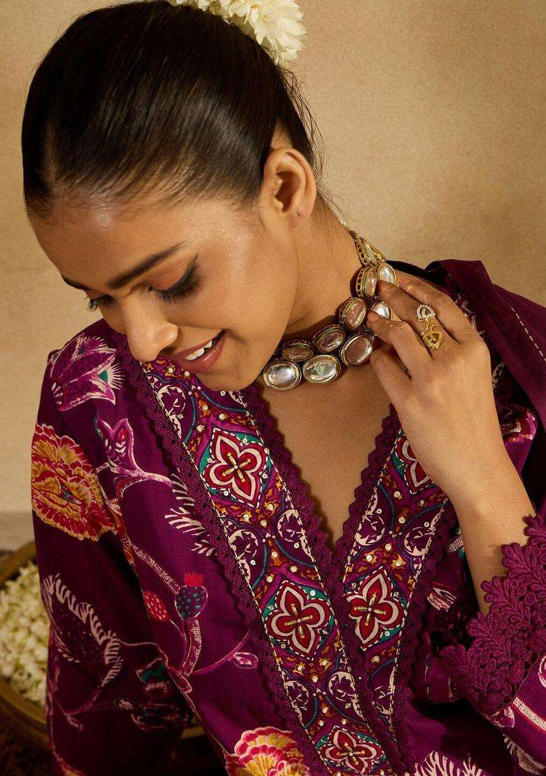 Burgundy Printed Cotton Kurta Set - Indya