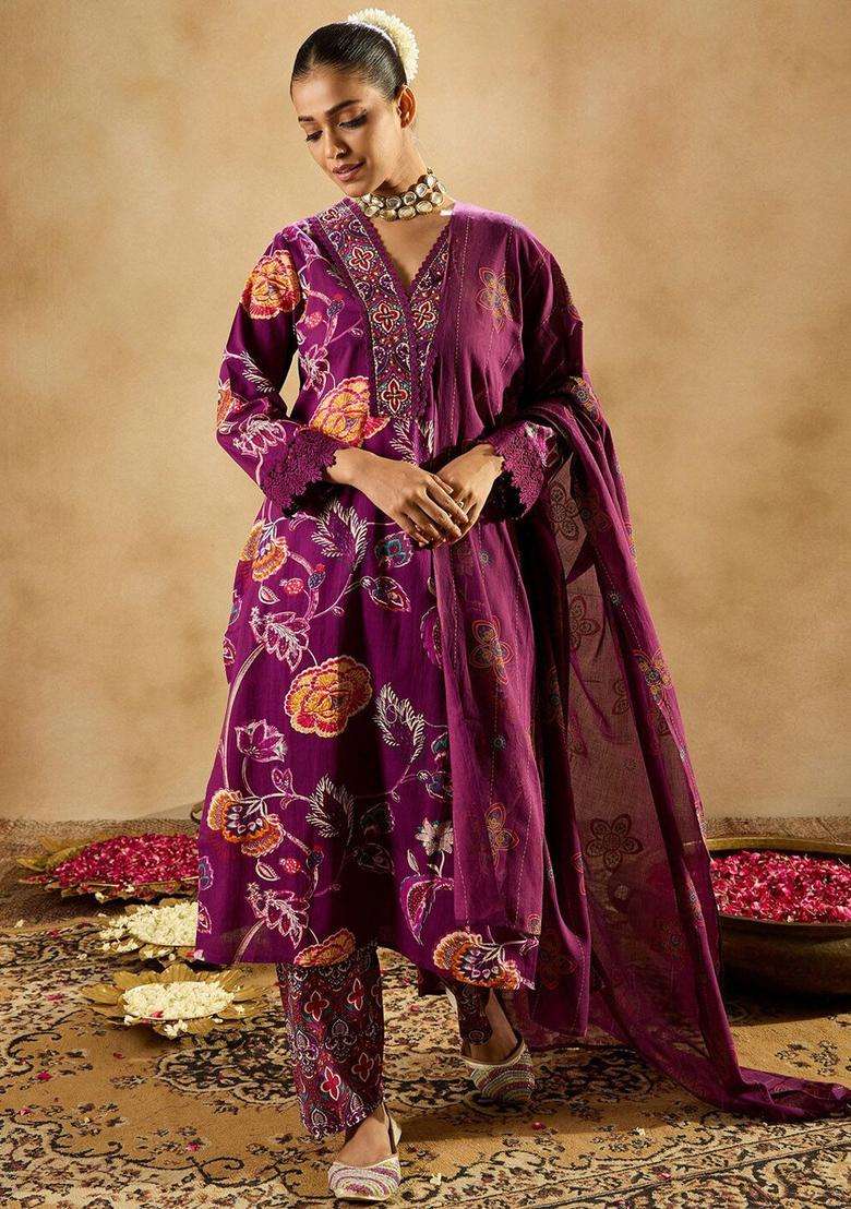 Burgundy Printed Cotton Kurta Set - Indya