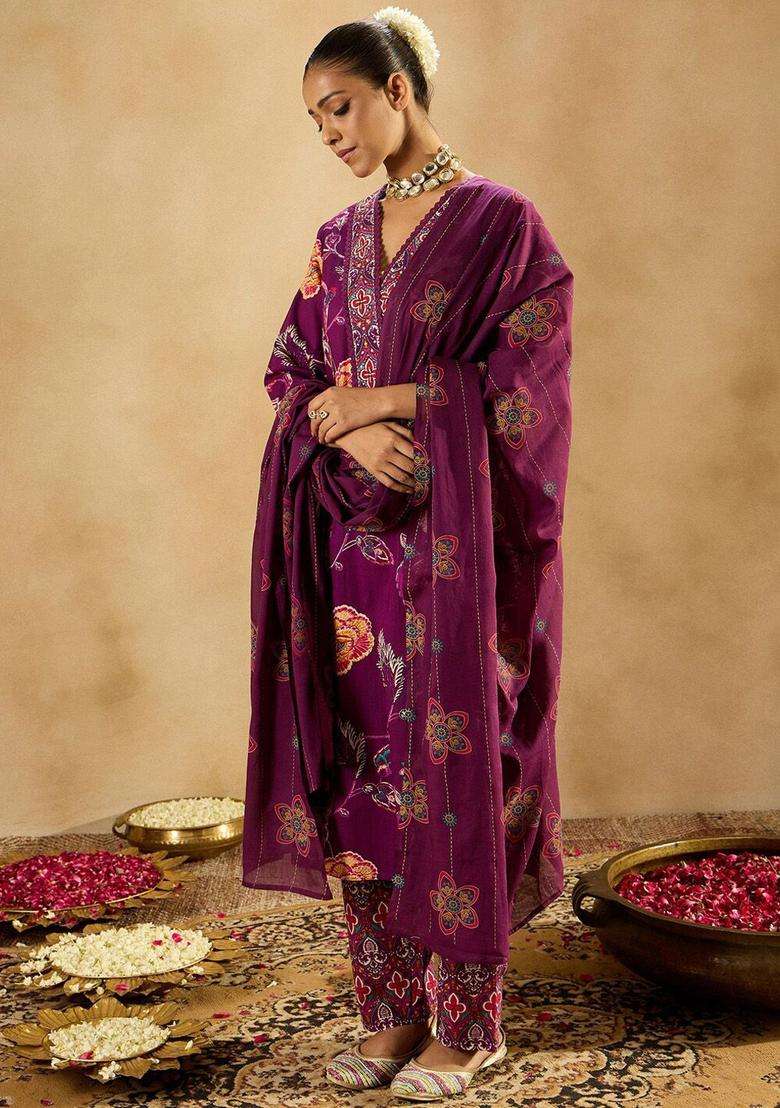 Burgundy Printed Cotton Kurta Set - Indya
