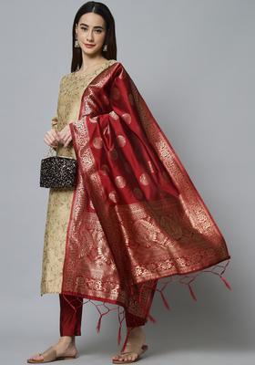 Beige Printed Silk Blend Kurta Set