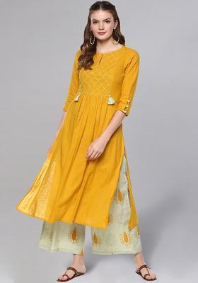Mustard Solid Cotton Kurta Set