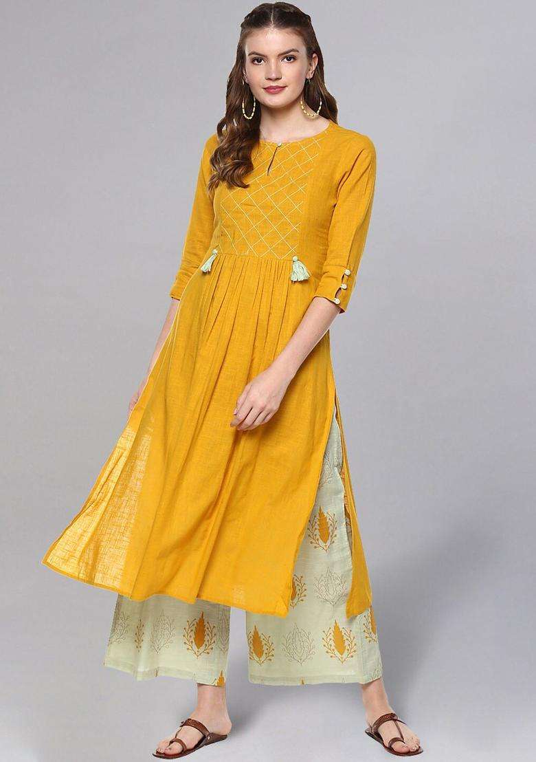 Mustard Solid Cotton Kurta Set - Indya