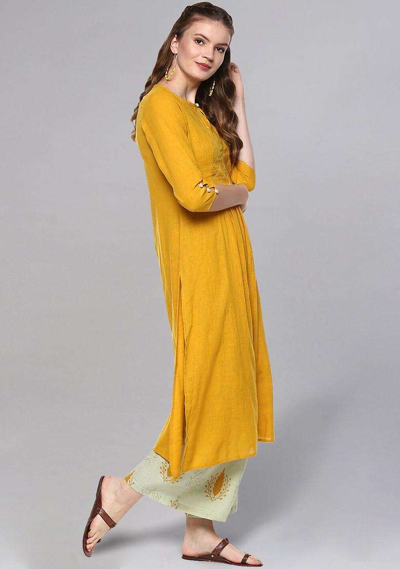 Mustard Solid Cotton Kurta Set - Indya