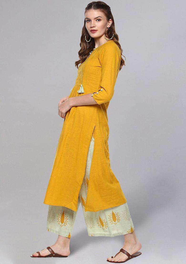 Mustard Solid Cotton Kurta Set - Indya