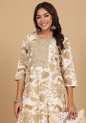 Cream Printed Cotton Kurta Set