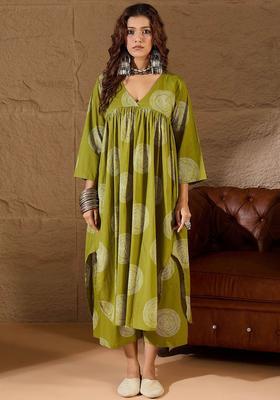 Olive Printed Cotton Kurta Set