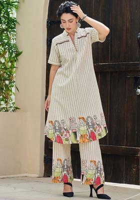 Off White Striped Cotton Kurta Set