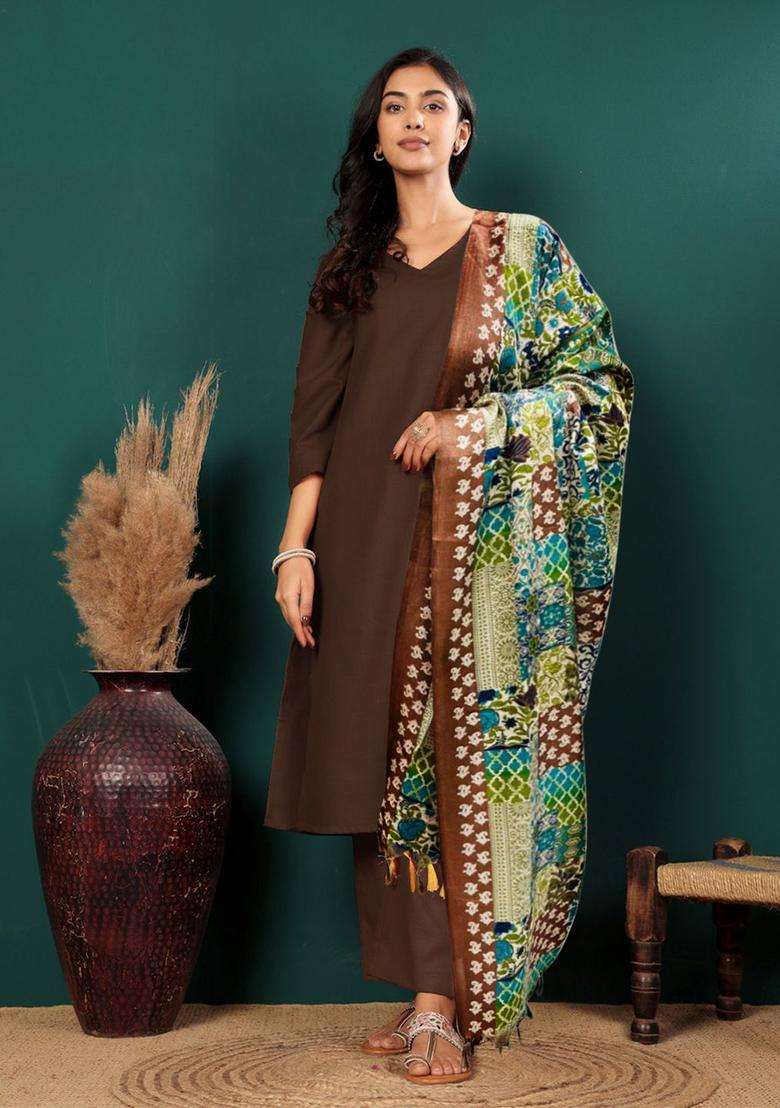 Brown Solid Cotton Kurta Set - Indya