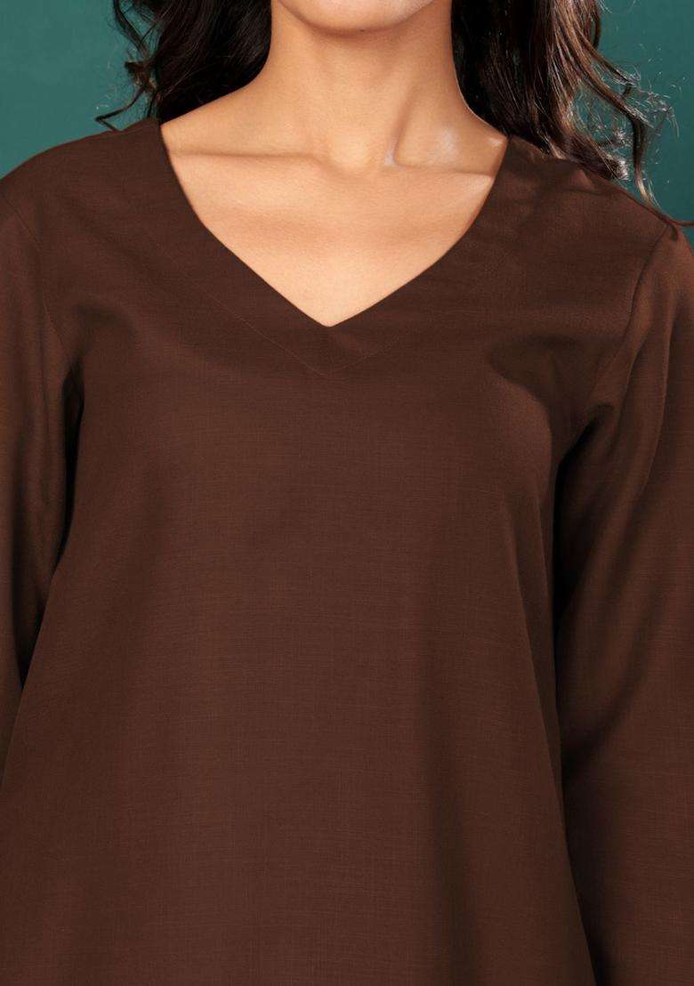 Brown Solid Cotton Kurta Set - Indya