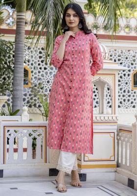 Peach Printed Cotton Kurta Set